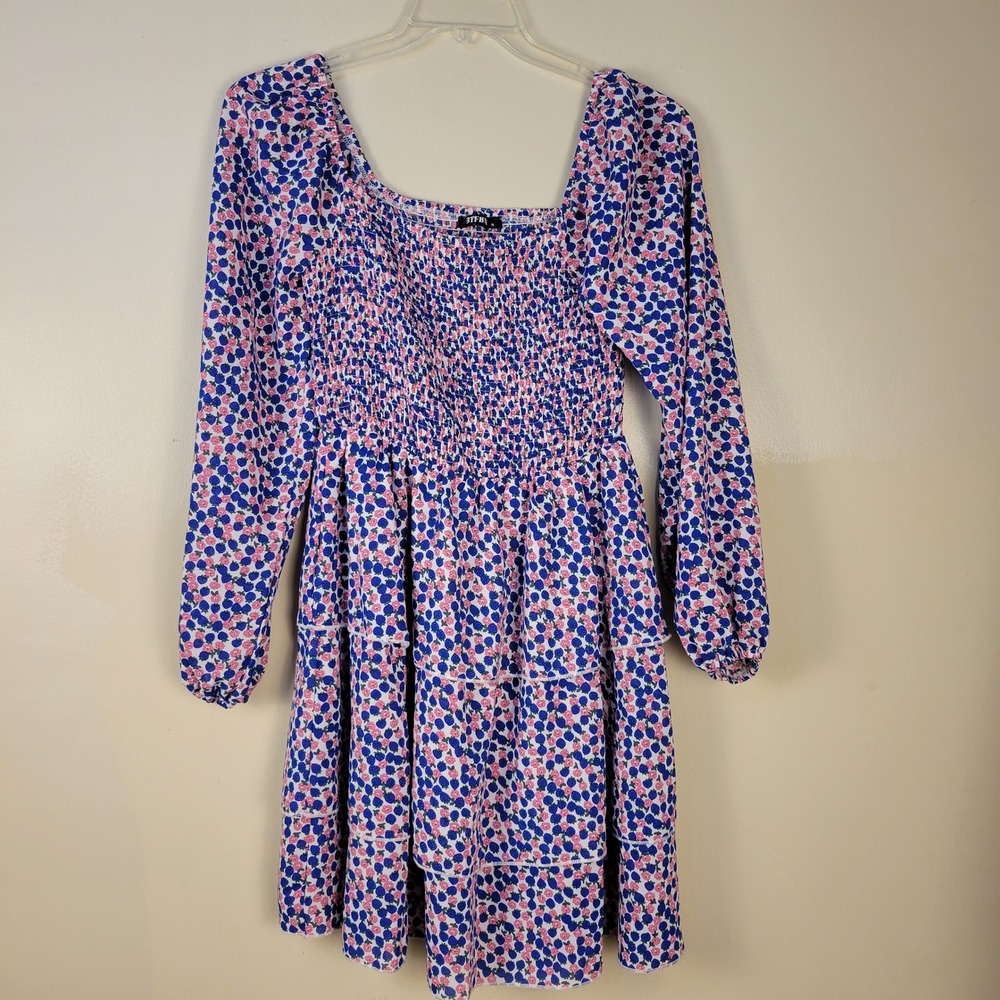 BTFBM Blue Floral Smocked Tiered Mini‎ Dress Square Neck Medium Long Sleeve